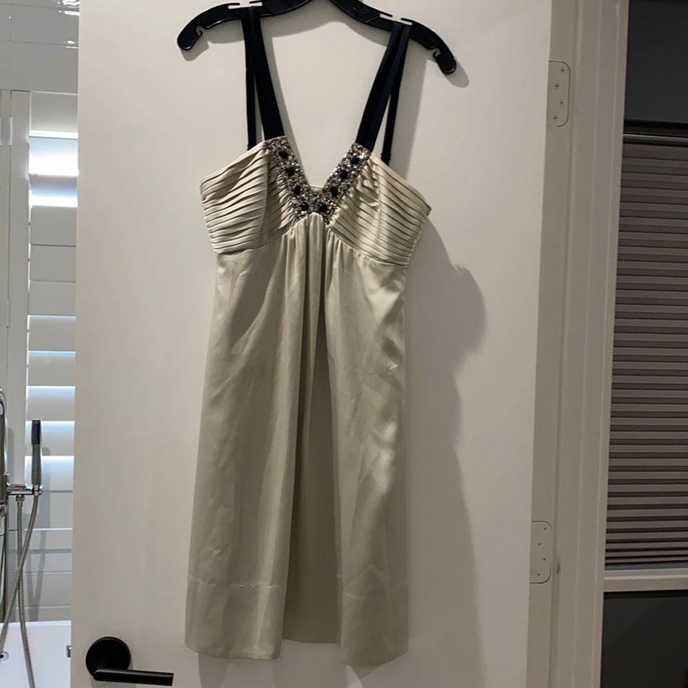 BCBGMaxAzria Ivory Satin Dress with Black Straps and Embellished V-Neck - Picture 2 of 7